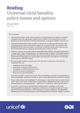 Briefing Universal Child Benefits: Policy Issues and Options