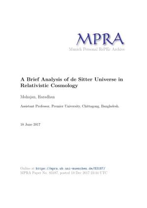 A Brief Analysis of De Sitter Universe in Relativistic Cosmology