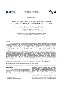 Growth and Reproductive of Babylonia Areolata Link 1807 in Songkhla and Pattani, the Lower Part of Gulf of Thailand