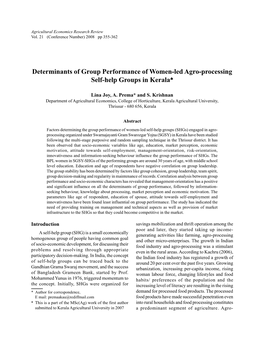 Determinants of Group Performance of Women-Led Agro-Processing Self-Help Groups in Kerala♣♣♣