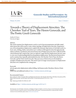 Towards a Theory of Displacement Atrocities: the Cherokee Trail of Tears, the Eh Rero Genocide, and the Onp Tic Greek Genocide Andrew R