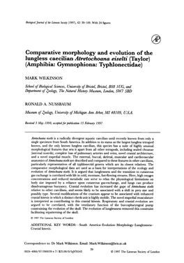 Comparative Morphology and Evolution of the Lungless Caecilian Atretochoana Eiselti (Taylor) (Amphibia: Gyrnnophiona: Typhlonectidae)