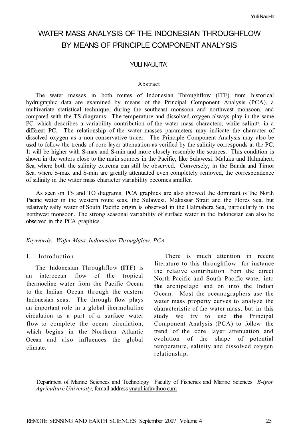 Water Mass Analysis of the Indonesian Throughflow by Means of Principle Component Analysis