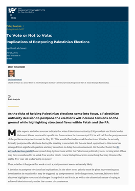 To Vote Or Not to Vote: Implications of Postponing Palestinian Elections by Ghaith Al-Omari