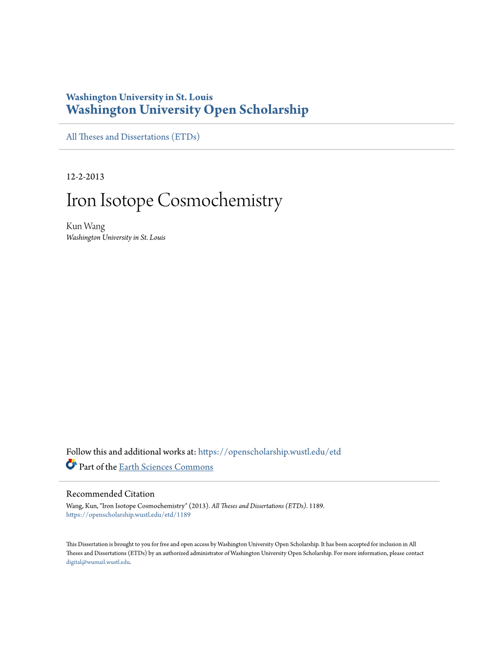 Iron Isotope Cosmochemistry Kun Wang Washington University in St