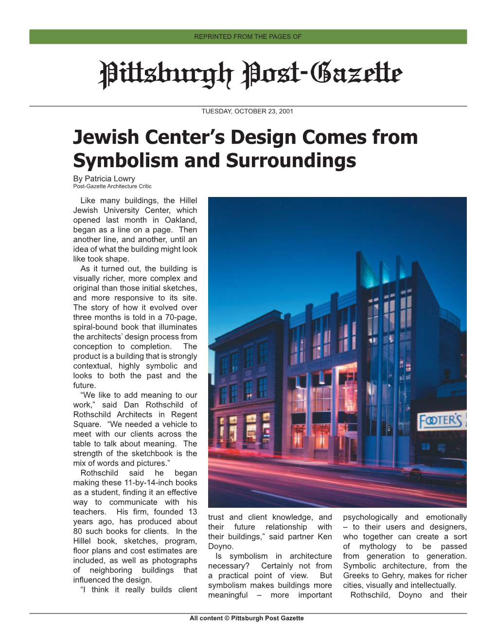 Pittsburgh Post-Gazette Hillel Jewish University Center's Design Comes