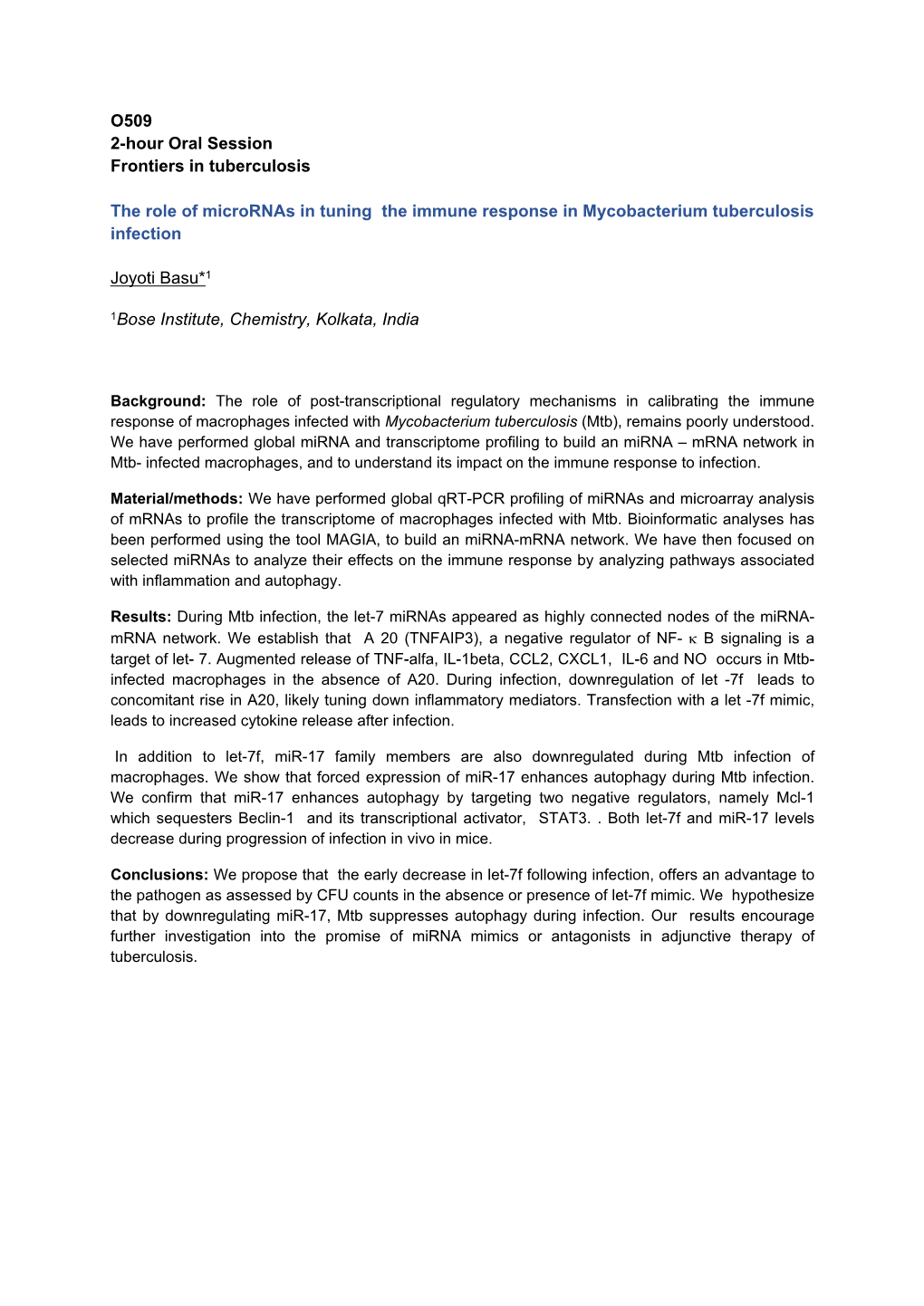 O509 2-Hour Oral Session Frontiers in Tuberculosis the Role of Micrornas