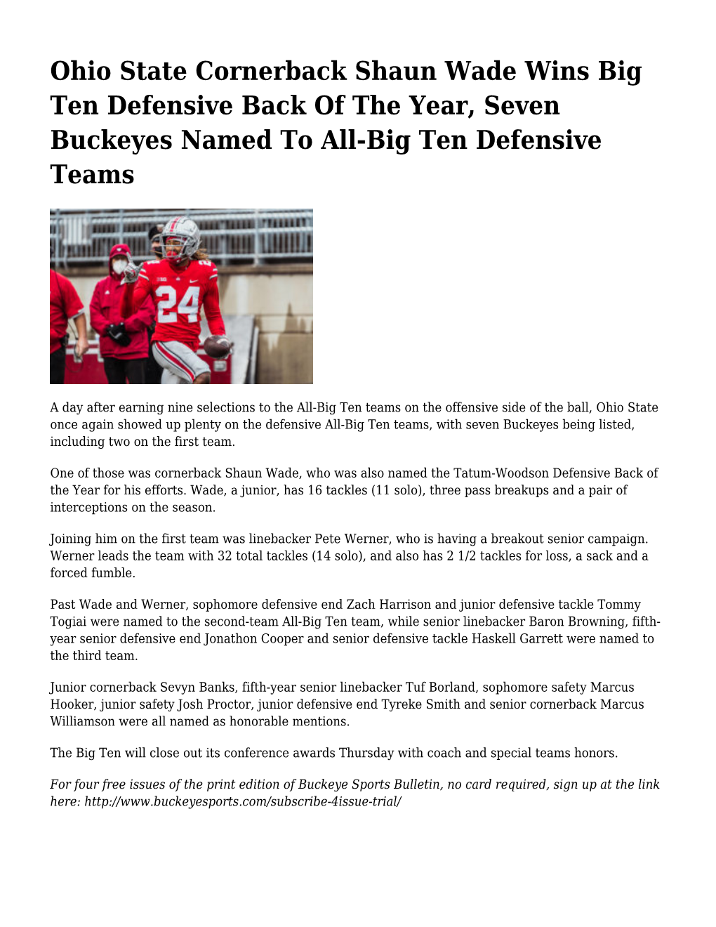 Ohio State Cornerback Shaun Wade Wins Big Ten Defensive Back of the Year, Seven Buckeyes Named to All-Big Ten Defensive Teams