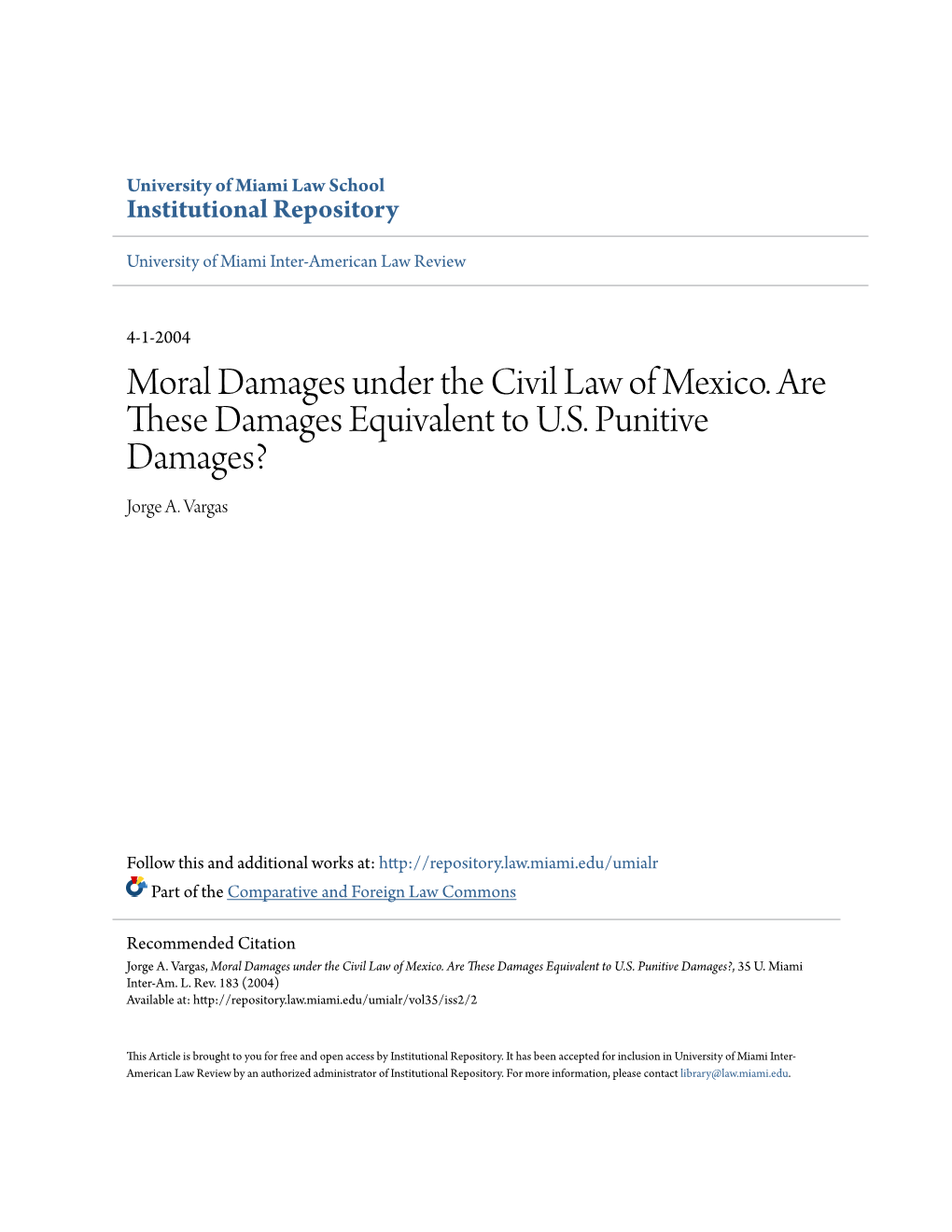 Moral Damages Under the Civil Law of Mexico. Are These Damages Equivalent to U.S