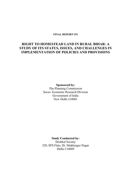 Right to Homestead Land in Rural Bihar: a Study of Its Status, Issues, and Challenges in Implementation of Policies and Provisions