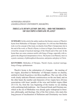 Thecla's Hymn (Symp. 285-292) – Did Methodius of Olympus Imitate Plato?