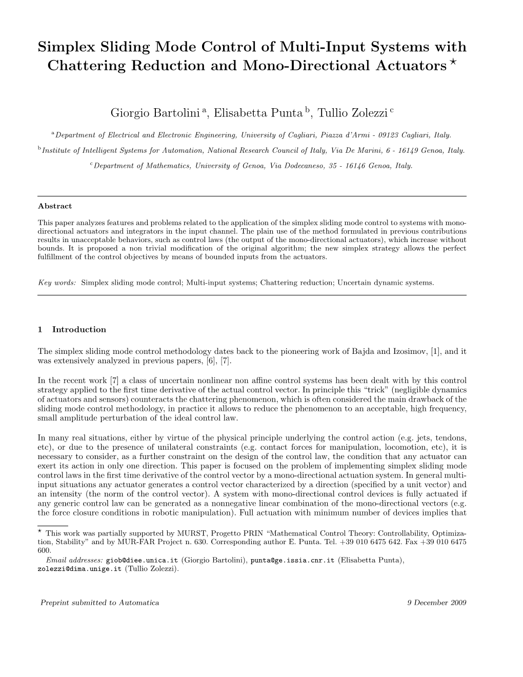 Simplex Sliding Mode Control of Multi-Input Systems with ⋆ Chattering Reduction and Mono-Directional Actuators