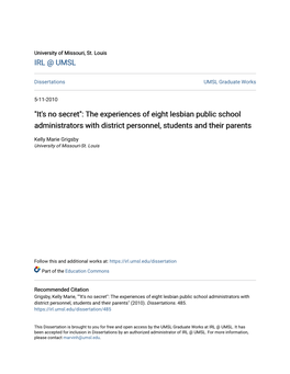The Experiences of Eight Lesbian Public School Administrators with District Personnel, Students and Their Parents