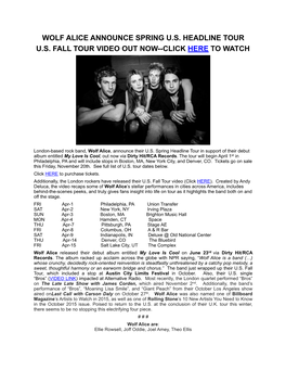 Wolf Alice Announce Spring U.S. Headline Tour U.S. Fall Tour Video out Now--Click Here to Watch