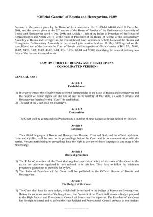 Law on Court of Bosnia and Herzegovina - Consolidated Version