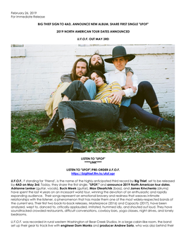 February 26, 2019 for Immediate Release BIG THIEF SIGN to 4AD