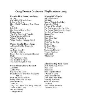 Craig Duncan Orchestra Playlist (Partial Listing)