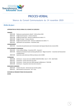 PROCES-VERBAL Séance Du Conseil Communautaire Du 14 Novembre 2019