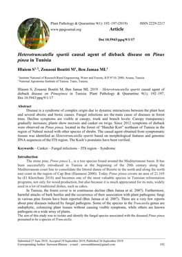 Heterotruncatella Spartii Causal Agent of Dieback Disease on Pinus Pinea in Tunisia Article