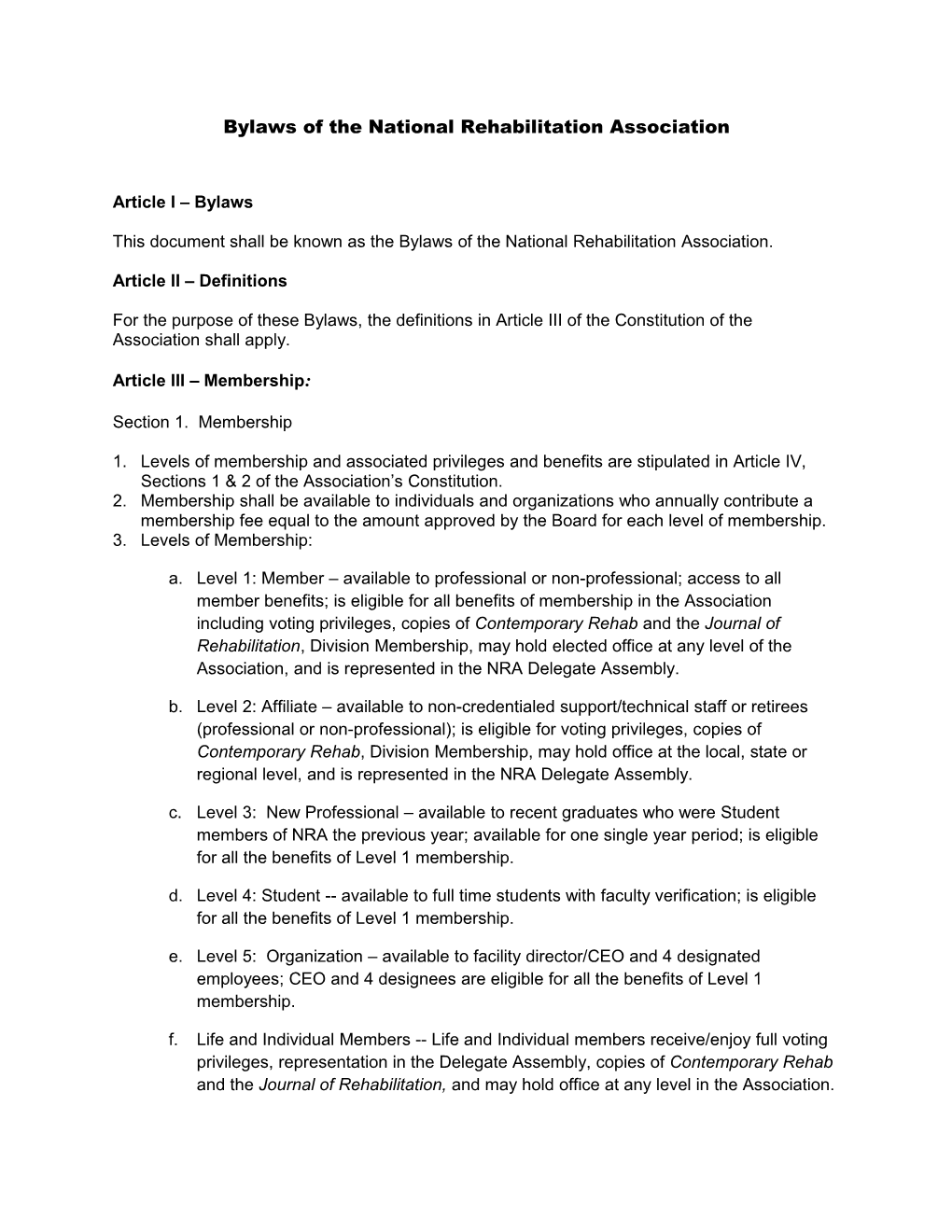 Bylaws of the National Rehabilitation Association