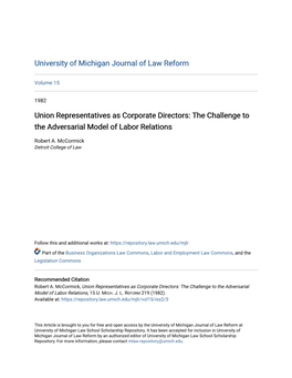 Union Representatives As Corporate Directors: the Challenge to the Adversarial Model of Labor Relations