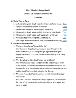 The Story of Panna Dai Exercises A. Write True Or False 1. Maharana Sangram Singh Was Also Known As Rana Sanga