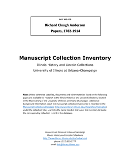 Manuscript Collection Inventory Illinois History and Lincoln Collections University of Illinois at Urbana-Champaign