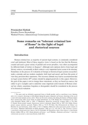Tolerant Criminal Law of Rome in the Light of Legal and Rhetorical Sources