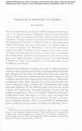 THEOLOGICAL RESPONSES T O AMARNA Jan Assmann