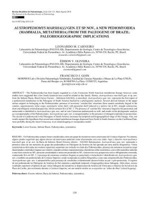 Austropediomys Marshalli Gen. Et Sp. Nov., a New Pediomyoidea (Mammalia, Metatheria) from the Paleogene of Brazil: Paleobiogeographic Implications