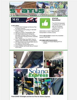 STATUS Newsletter Post-COVID-19 Budget and Service Plan for Solano