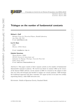 Physics/0110060V3 [Physics.Class-Ph] 13 Sep 2002 R Aou Ntenme Ffnaetlconstants Fundamental of Number the on Trialogue Abstract: Veneziano Gabriele Okun B