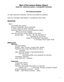 Biol 1724 Lecture Notes (Ziser) Exam IV: Endocrine System  Nonspecific Immunity