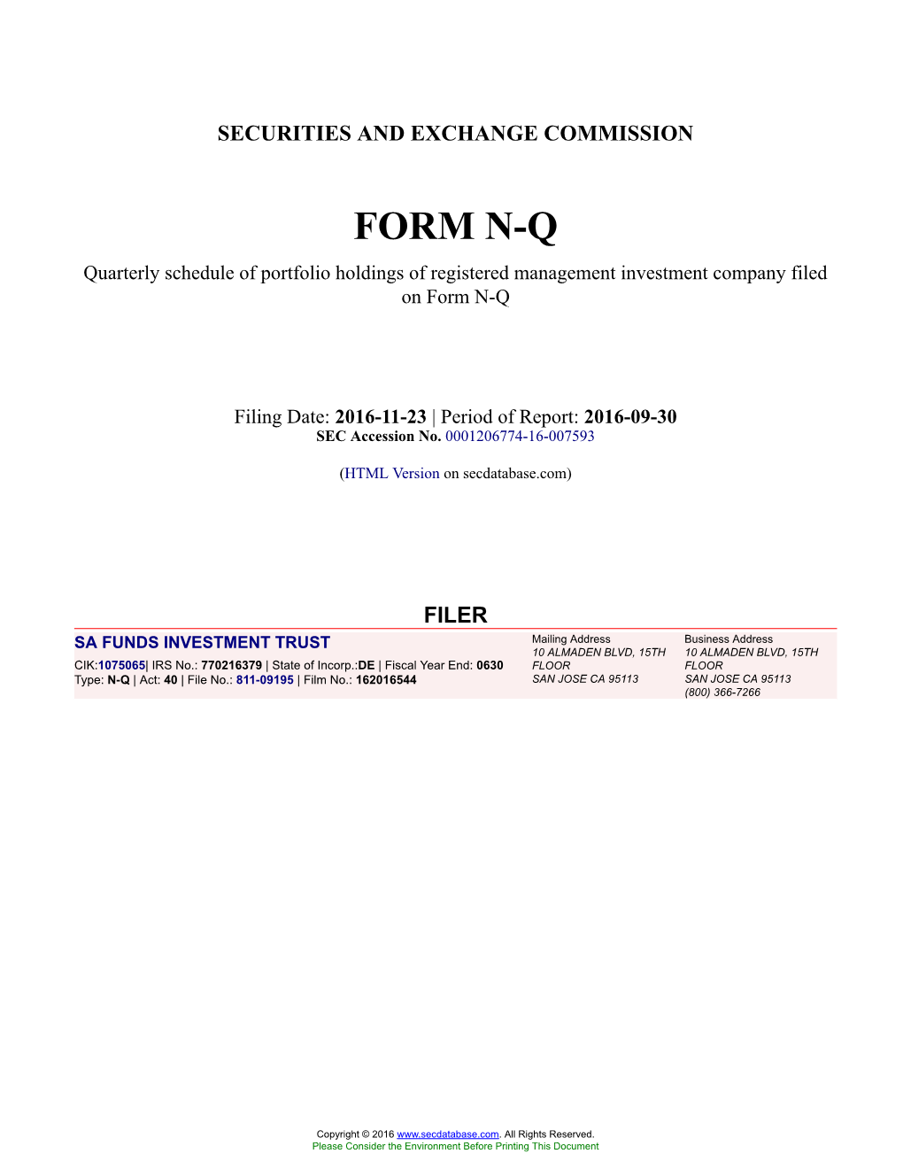SA FUNDS INVESTMENT TRUST Form N-Q Filed 2016-11-23