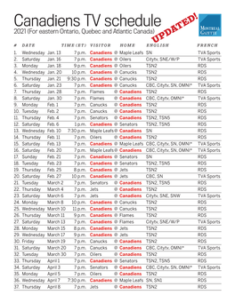 Canadiens TV Schedule 2021 (For Eastern Ontario, Quebec and Atlantic Canada)