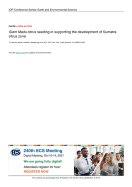 Siam Madu Citrus Seeding in Supporting the Development of Sumatra Citrus Zone