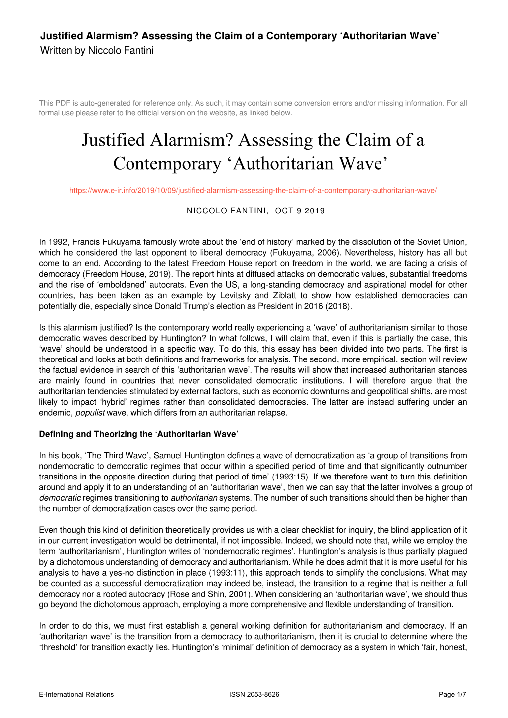 Justified Alarmism? Assessing the Claim of a Contemporary ‘Authoritarian Wave’ Written by Niccolo Fantini