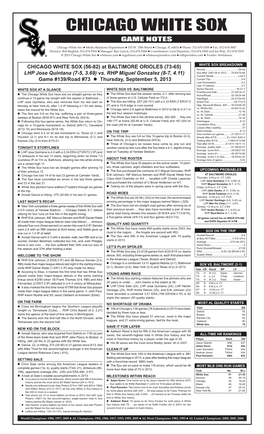 CHICAGO WHITE SOX GAME NOTES Chicago White Sox  Media Relations Departmentgame  333 W