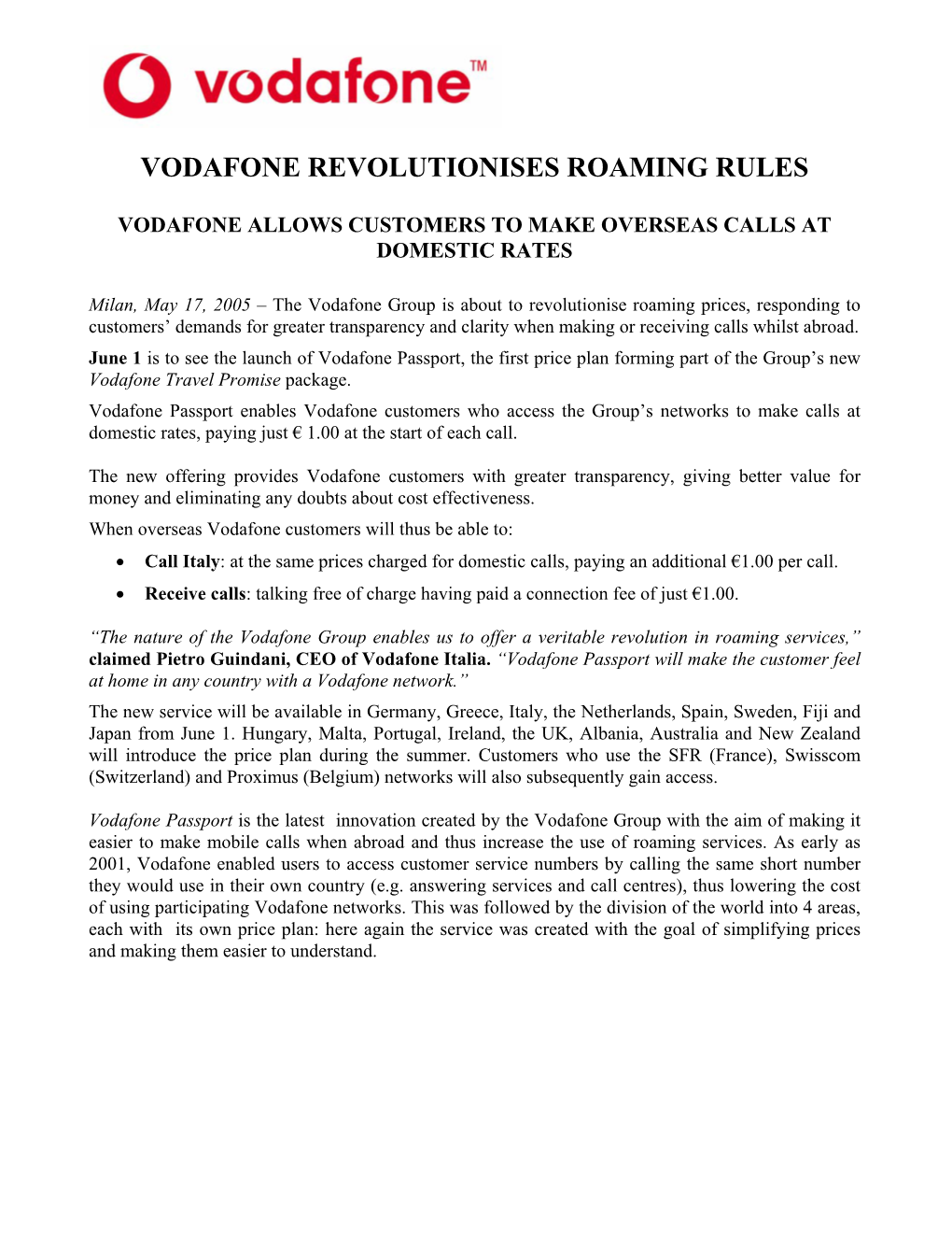 Vodafone Revolutionises Roaming Rules