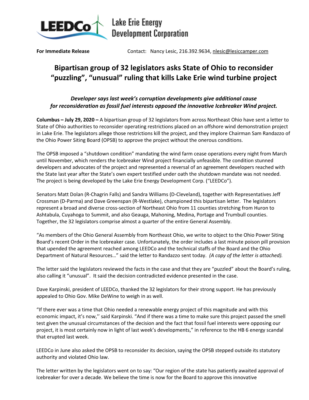 Bipartisan Group of 32 Legislators Asks State of Ohio to Reconsider “Puzzling”, “Unusual” Ruling That Kills Lake Erie Wind Turbine Project