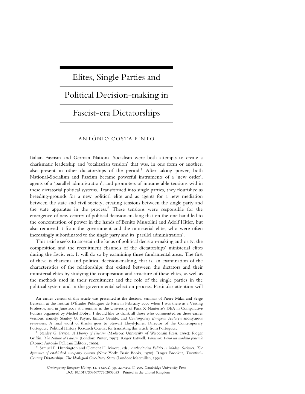 Elites, Single Parties and Political Decision-Making in Fascist-Era Dictatorships