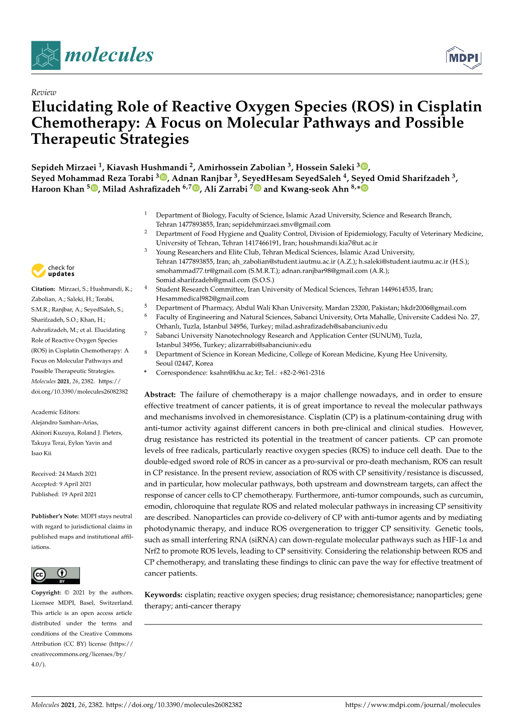 ROS) in Cisplatin Chemotherapy: a Focus on Molecular Pathways and Possible Therapeutic Strategies