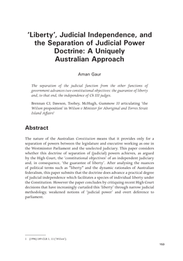Judicial Independence, and the Separation of Judicial Power Doctrine: a Uniquely Australian Approach