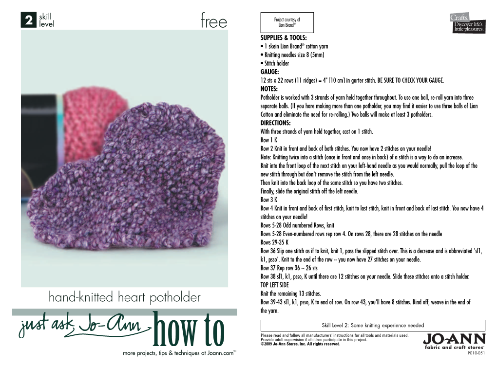 Hand-Knitted Heart Potholder Row 39-43 Sl1, K1, Psso, K to End of Row