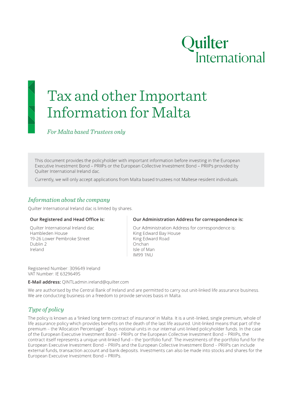 Tax and Other Important Information for Malta