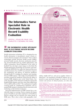 The Informatics Nurse Specialist Role in Electronic Health Record