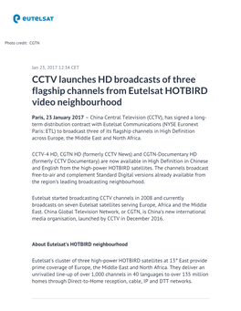 CCTV Launches HD Broadcasts of Three Flagship Channels from Eutelsat HOTBIRD Video Neighbourhood