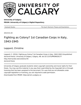 Fighting As Colony? 1St Canadian Corps in Italy, 1943-1945