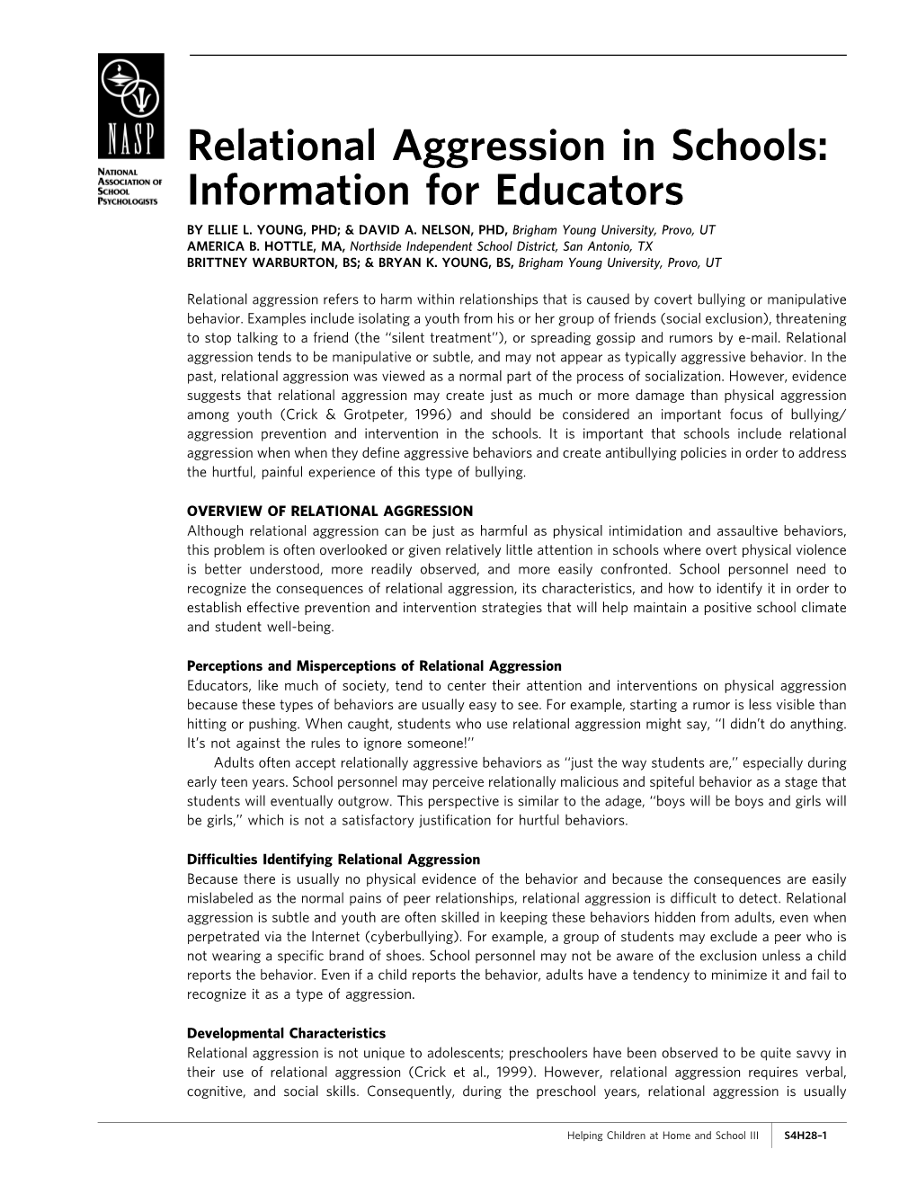 Relational Aggression in Schools: Information for Educators by ELLIE L
