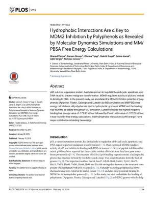 Hydrophobic Interactions Are a Key to MDM2 Inhibition by Polyphenols As Revealed by Molecular Dynamics Simulations and MM/ PBSA Free Energy Calculations